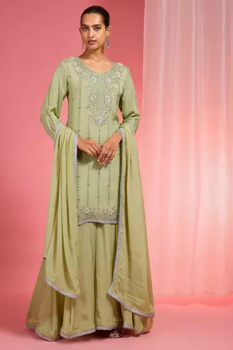 Light green viscose chinon chiffon silver hand embroidered sharara set