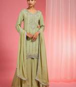 Light green viscose chinon chiffon silver hand embroidered sharara set