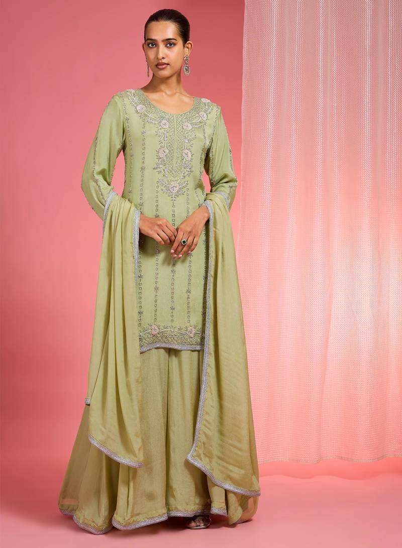 Light green viscose chinon chiffon silver hand embroidered sharara set