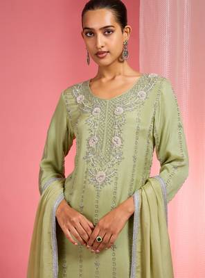 Light green viscose chinon chiffon silver hand embroidered sharara set 2