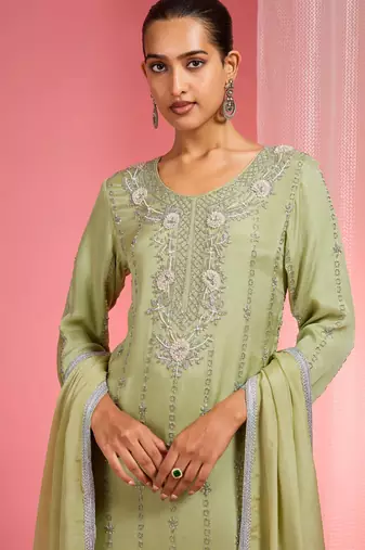 Light green viscose chinon chiffon silver hand embroidered sharara set