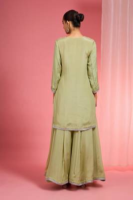 Light green viscose chinon chiffon silver hand embroidered sharara set 3