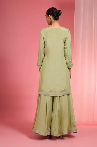 Light green viscose chinon chiffon silver hand embroidered sharara set