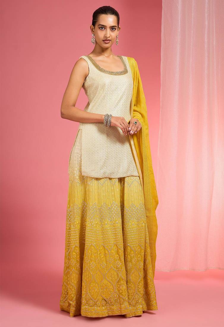Yellow ombre resham work georgette sharara set