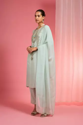 Light sea green organza sequin beads dabka work kurta set