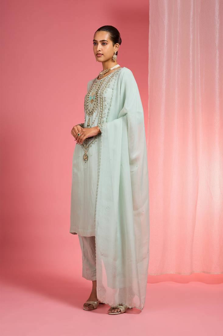 Light sea green organza sequin beads dabka work kurta set