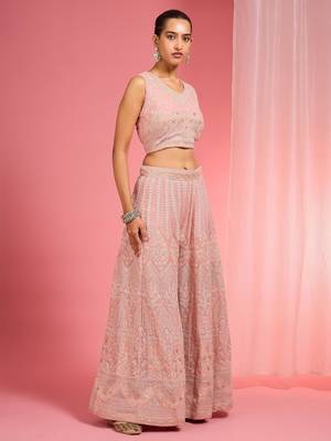 Light pink dori and resham work georgette cape sharara set 5