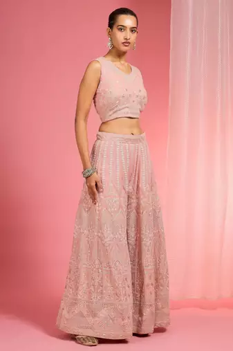 Light pink dori and resham work georgette cape sharara set