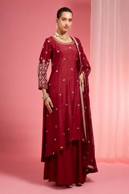 Reddish maroon hand embroidered viscose dupion silk kurta sharara set 5