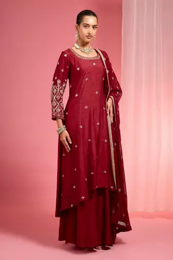 Reddish maroon hand embroidered viscose dupion silk kurta sharara set