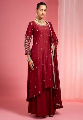 Reddish maroon hand embroidered viscose dupion silk kurta sharara set 6