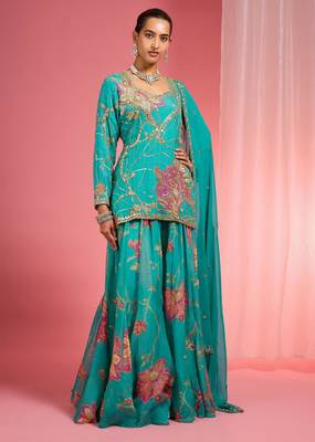 Teal viscose organza handwork highlighted printed sharara set 5