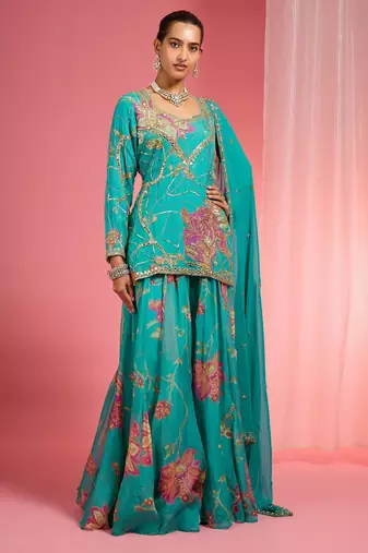 Teal viscose organza handwork highlighted printed sharara set
