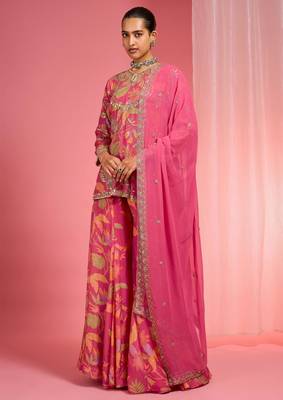 Hot pink viscose organza handwork highlighted printed sharara set 5
