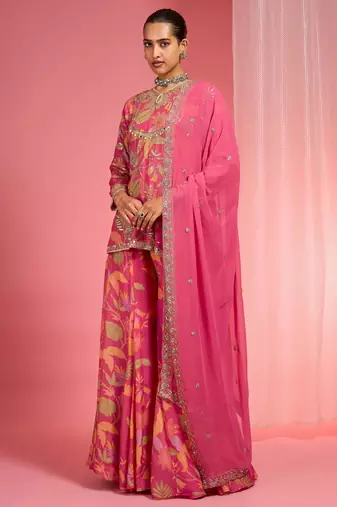 Hot pink viscose organza handwork highlighted printed sharara set