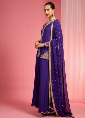 Dark purple viscose katan silk muticoloured resham embroidered sharara set 5
