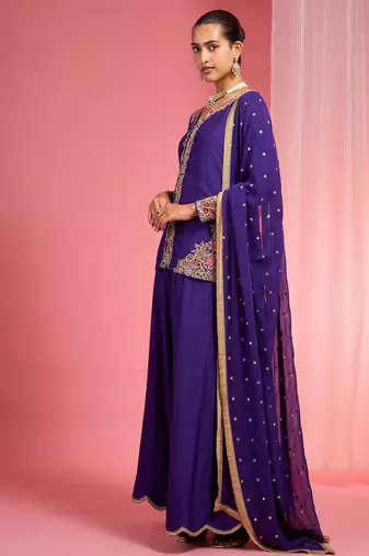Dark purple viscose katan silk muticoloured resham embroidered sharara set