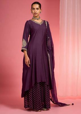 Dark wine  viscose dupion silk hand embroidered sharara set 5