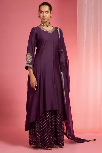Dark wine  viscose dupion silk hand embroidered sharara set