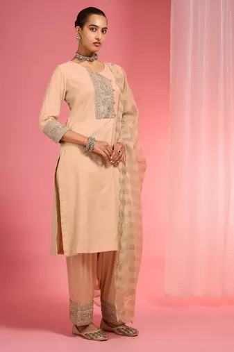 Beige  chanderi hand embroidered kurta set