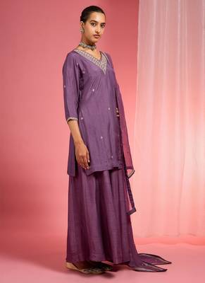 Dull purple  viscose dupion silk hand embroidered sharara set 5