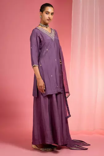 Dull purple  viscose dupion silk hand embroidered sharara set