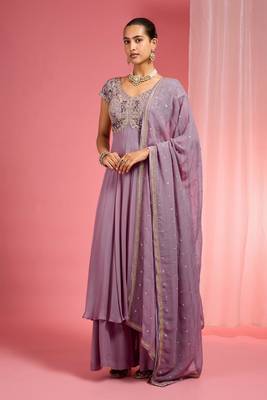 Lavender georgette hand embroidered anarkali sharara set 5