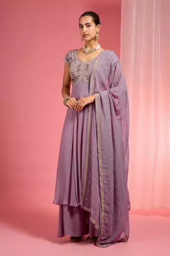 Lavender georgette hand embroidered anarkali sharara set