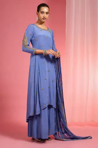 Blue hand embroidered viscose crepe  kurta sharara set