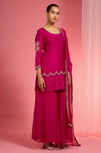 Rani pink viscose dupion silk hand embroidered sharara set