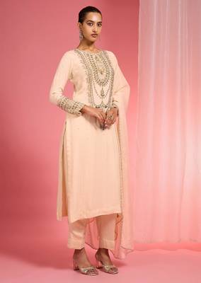 Light beige organza sequin beads dabka work kurta set 5