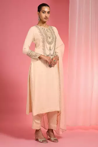 Light beige organza sequin beads dabka work kurta set