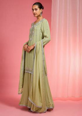 Light green viscose chinon chiffon silver hand embroidered sharara set 5