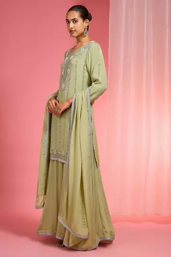 Light green viscose chinon chiffon silver hand embroidered sharara set
