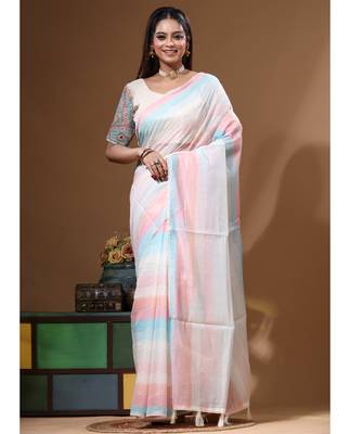 Off-white mal chanderi with kantha work saree with stiched blouse 1