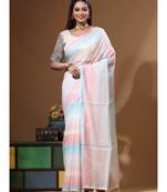Off-white mal chanderi with kantha work saree with stiched blouse