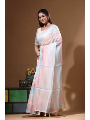 Off-white mal chanderi with kantha work saree with stiched blouse 3