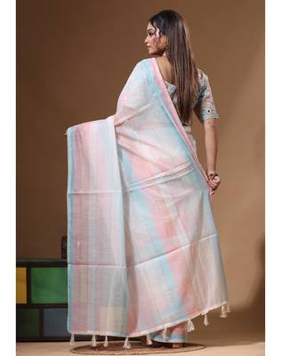 Off-white mal chanderi with kantha work saree with stiched blouse 4