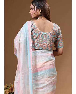 Off-white mal chanderi with kantha work saree with stiched blouse 5