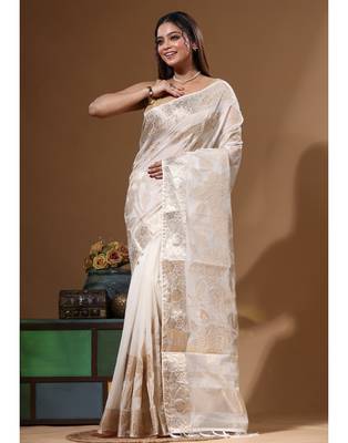 Off-white mal chanderi with applique work saree with blouse piece 1