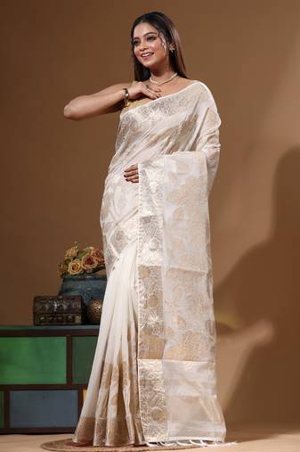 Off-white mal chanderi with applique work saree with blouse piece