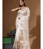 Off-white mal chanderi with applique work saree with blouse piece