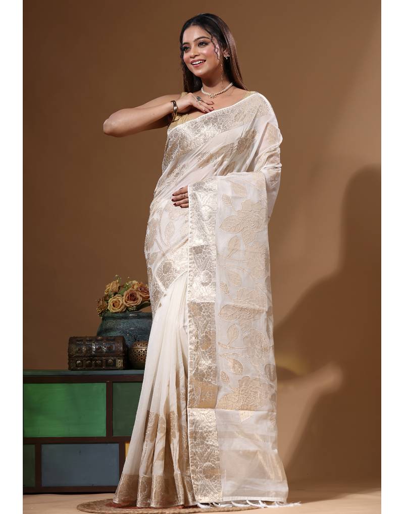 Off-white mal chanderi with applique work saree with blouse piece