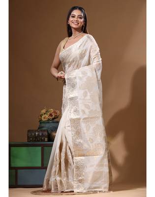 Off-white mal chanderi with applique work saree with blouse piece 2
