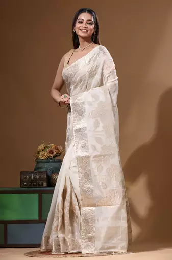 Off-white mal chanderi with applique work saree with blouse piece