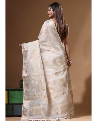 Off-white mal chanderi with applique work saree with blouse piece 3