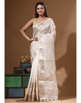 Off-white mal chanderi with applique work saree with blouse piece 5