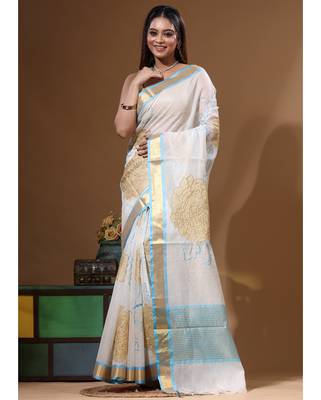 Off-white mal chanderi with applique work saree with blouse piece 1