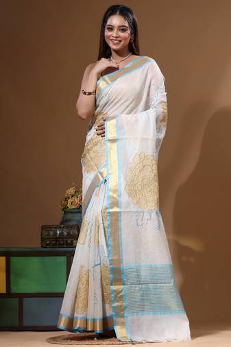 Off-white mal chanderi with applique work saree with blouse piece
