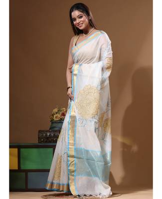 Off-white mal chanderi with applique work saree with blouse piece 2